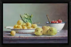 Stilleven met abrikozen en appels by Hans Habraken, 1946, Olieverf op paneel, sold Apr 2021