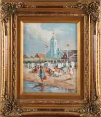J. Evans, Strandgezicht Katwijk, Olieverf op paneel