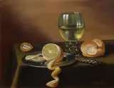 Stilleven met Roemer, brood en citroen by C. Cornelisz, Olieverf op paneel, sold Apr 2021