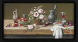 Thomas Heesakkers, Stilleven met fruit, kruiken, bloemen etc., Olieverf op paneel