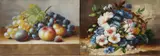 Twee ongesigneerde werken, Bloem + fruit stilleven, Olieverf op paneel