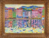 Monogram A.H., Expressionistisch havengezicht, Olieverf op paneel