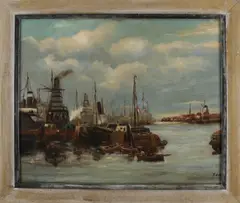 P. Delfi, Hollands havengezicht, Olieverf op paneel