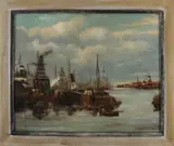 P. Delfi, Hollands havengezicht, Olieverf op paneel