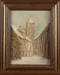 Winters dorpgezicht Rothenburg by Leonard Pieter Versteeg, Olieverf op paneel, sold Apr 2021