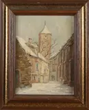 Leonard Pieter Versteeg, Winters dorpgezicht Rothenburg, Olieverf op paneel