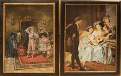 2x Ongesigneerd, Interieur met figuren, Olieverf op linnen