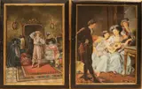 2x Ongesigneerd, Interieur met figuren, Olieverf op linnen