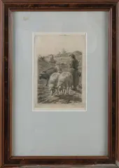 Ets van Frans Lebret, Landschap met schapen en herderin, Ets van Frans Lebret
