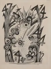 Monogram d. 13, Abstract, Abstracte figuratieve tekening met zwarte inkt waarin getallen zijn verstopt, bomen, varens spin