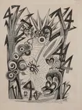 Monogram d. 13, Abstract, Abstracte figuratieve tekening met zwarte inkt waarin getallen zijn verstopt, bomen, varens spin