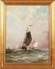 Jan van der Linde, Platbodems op volle zee, Olieverf op linnen
