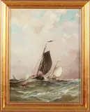 Jan van der Linde, Platbodems op volle zee, Olieverf op linnen