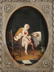P. Mos, Vrouw trekt kousen uit bij bedstede, 1932, Olieverf op paneel