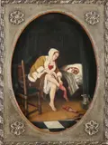 P. Mos, Vrouw trekt kousen uit bij bedstede, 1932, Olieverf op paneel