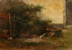 Simon v.d. Berg, Hoenderhof met kippen, Olieverf op paneel