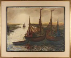 Willem Paerels, Vissersboten in baai, Gemengde techniek op papier