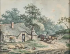 N.C. Penning fecit, Plaggenhut met figuren, paardenkar en varkens, Aquarel op papier