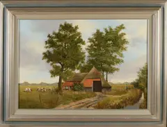 B. Ligtenberg, Landschap met boerderij, boer en koeien, Olieverf op linnen
