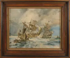 D. Vogel, Zeegezicht met schepen op volle zee, Olieverf op paneel