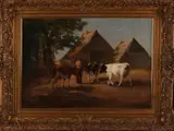 Fedor van Kregten, Boeren schuren met boer en koeien, Olieverf op linnen