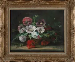 Gesigneerd Jacoba L.v. Eefen, Stilleven, mand met bloemen., Olieverf op linnen