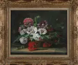 Gesigneerd Jacoba L.v. Eefen, Stilleven, mand met bloemen., Olieverf op linnen