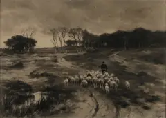 Anton Mauve, Herder met zijn schapen in heide landschap, Houtskool op papier