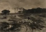 Anton Mauve, Herder met zijn schapen in heide landschap, Houtskool op papier