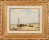 Anton Karssen, Bomschuiten op strand, Olieverf op paneel