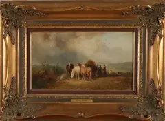 A.J. van Prooijen, Landschap met paarden, hooiwagen en boerenvolk, Olieverf op paneel