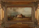 A.J. van Prooijen, Landschap met paarden, hooiwagen en boerenvolk, Olieverf op paneel