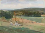 Louis Hartz, Figuren in glooiend landschap, Olieverf op linnen