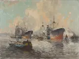 Wim van Norden, Havengezicht Rotterdam, Olieverf op linnen