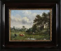 K.F. Berk, Hollands landschap met vee, Olieverf op paneel