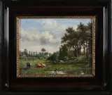 K.F. Berk, Hollands landschap met vee, Olieverf op paneel