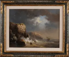 George Wilhelm Wagner, Schipbreuk bij rotsen, Olieverf op paneel