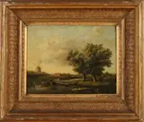 Onduid. gesign., Hollands landschap met vrouw in roeiboot