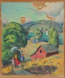 Christine Chaplin, Wandelende figuren in landschap, Lithografie, monotype op papier