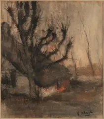 A. Idserda, Boerderij met knotwilg, Pastel op papier