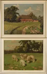 Twee werken van D. van Heek, Twents landschap + Twentse boerderij, Olieverf op linnen