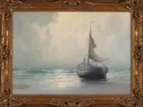 Henk Dekker, Platbodem op strand, Olieverf op linnen