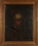 Ridder met gouden helm by W. Hesse? naar Rembrandt, Olieverf op linnen, sold Jan 2021