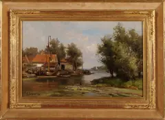 Piet Schipperus, Riviergezicht met vele zeilboten, Olieverf op paneel