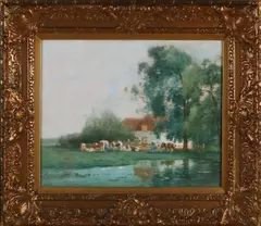 M. Gidding, Melkende boer, Aquarel op papier