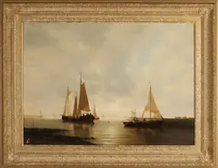 J. van Rijsewijk, Hollandse schepen op kalme zee bij avond, Olieverf op paneel
