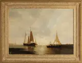 J. van Rijsewijk, Hollandse schepen op kalme zee bij avond, Olieverf op paneel