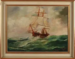 R. Degenhardt, Twee-master op volle zee, Olieverf op paneel
