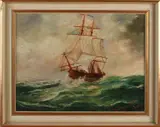 R. Degenhardt, Twee-master op volle zee, Olieverf op paneel
