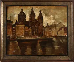 J. Vincken, Stadsgezicht A'dam met stoomboten, Olieverf op paneel